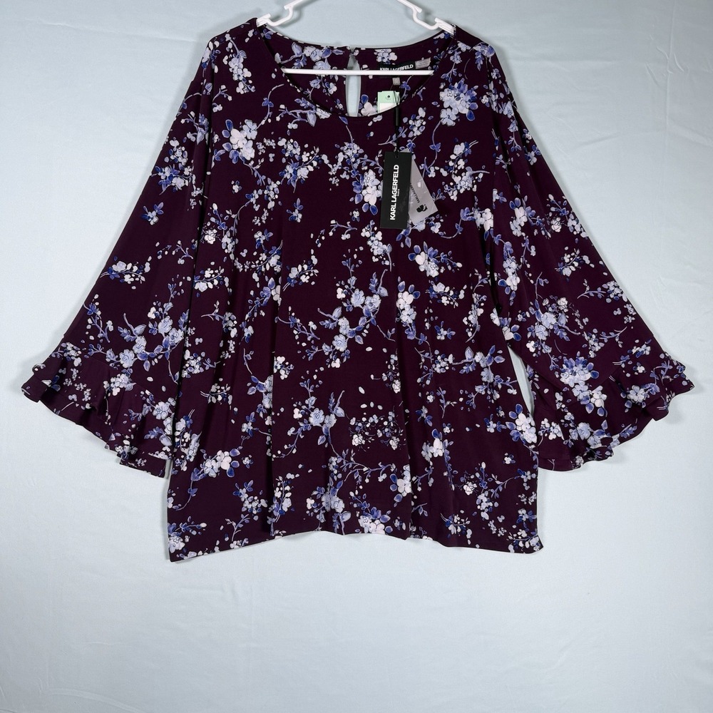 Karl Lagerfeld Paris Size-3X Women's Yessie Trumpet Sleeve Blouse Floral‎ Purple